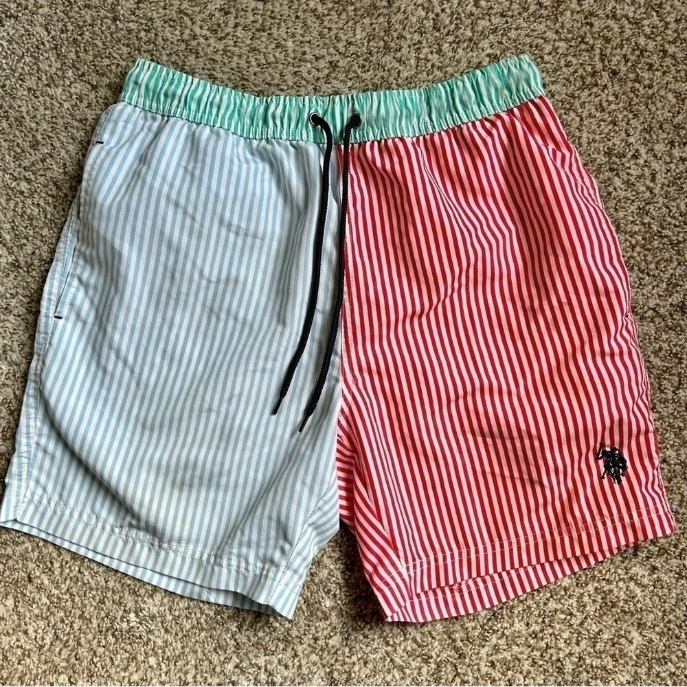 🦋 U.S. Polo Assn. Colorful Vertical Stripe Pocket Swim Shorts Trunks Medium